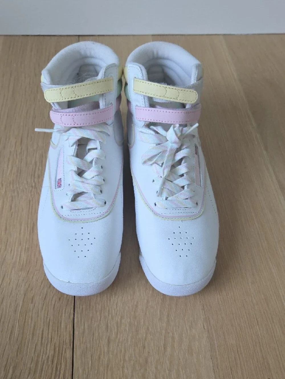 Reebok White High-Top Sneakers with Pastel Pink, Yellow & Mint Accents